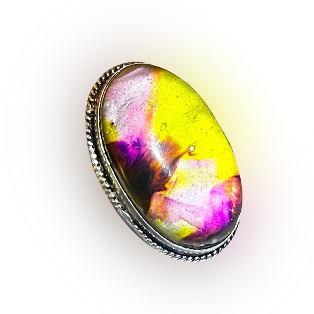 New Artisan Rare Natural Ammolite 925 Sterling Silver Oval Root Chakra Ring - Picture 8 of 14